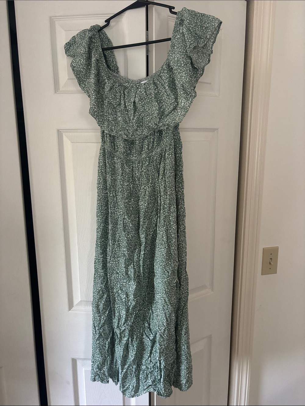 Floral Ruffle Off-Shoulder Maxi Dress in Sage Green